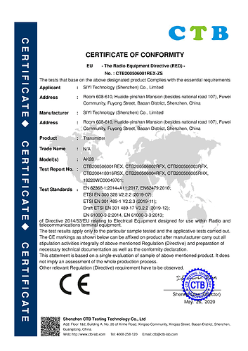 SIYI AK28 CE - CTB200506001REX - Certification
