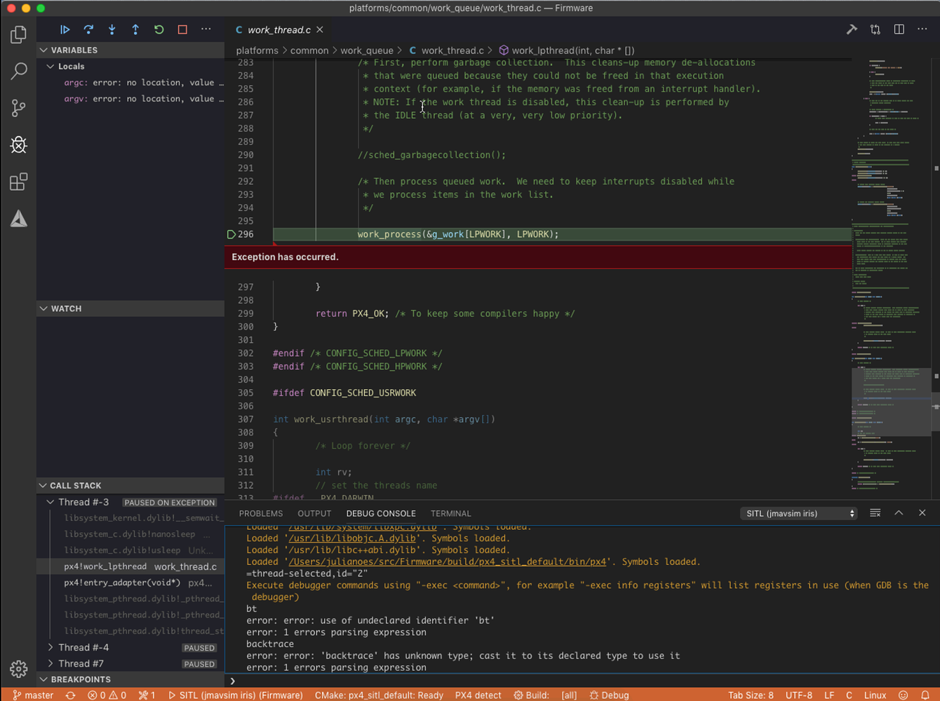Vscode lldb debugging "PAUSED ON EXCEPTION" PX4 Autopilot